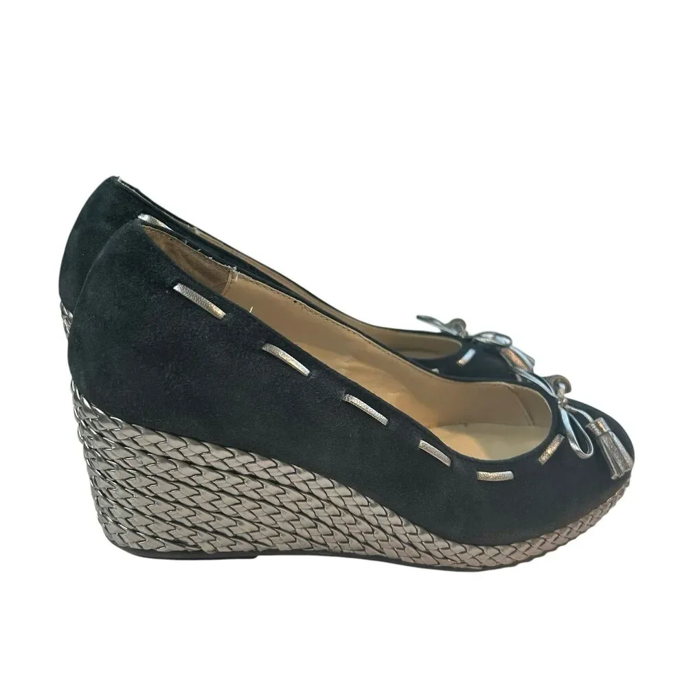 Lauren Ralph Lauren Black Suede Espadrille Wedge Size 7B Cambree Silver Metallic